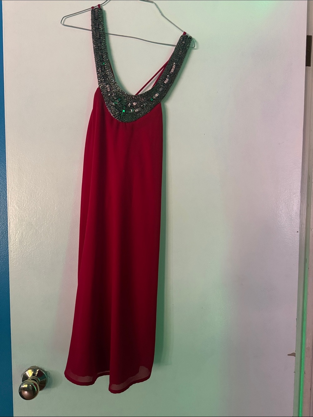 vestique Red Maxi Dress with Beaded Scoop Neckline